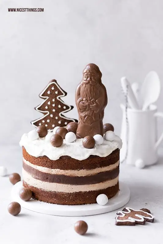 Nougat Torte mit Nougatcreme, Haselnusskuchen und Milka Weihnachtsmann