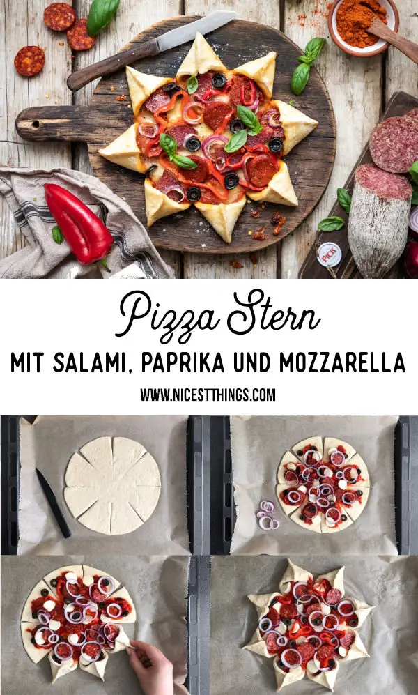 Pizzs Stern Rezept Stern Pizza in Sternform Anleitung Partyrezept Pizzastern #pizza #pizzastern #sternpizza #pizzarezept #partyrezept #party #salami #picksalami #paprika #kindergeburtstag