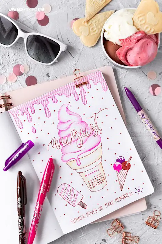 Bullet Journal Ideen: Monatsübersicht August Monat Month #bulletjournal #journal #august #month #planner #organizing #pilotpen #pilotfrixion #icecream