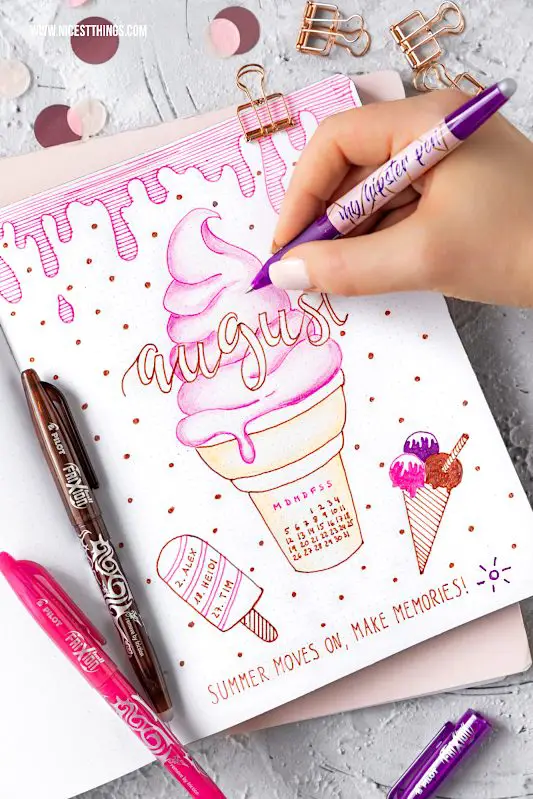 Bullet Journal Ideen: Monatsübersicht August Monat Month #bulletjournal #journal #august #month #planner #organizing #pilotpen #pilotfrixion #icecream