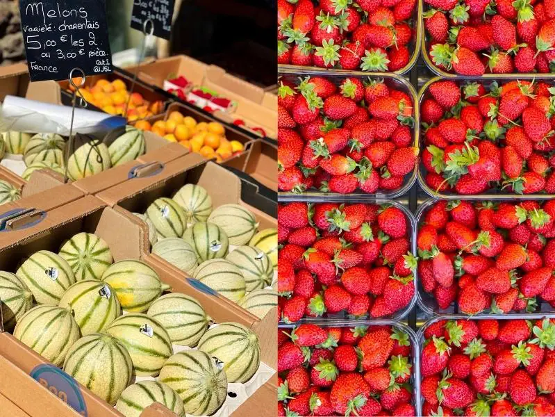 Markt in Frankreich mit melonen Melon Charentais Cavaillon Cantaloupe, Fraises de Plougastel Erdbeeren
