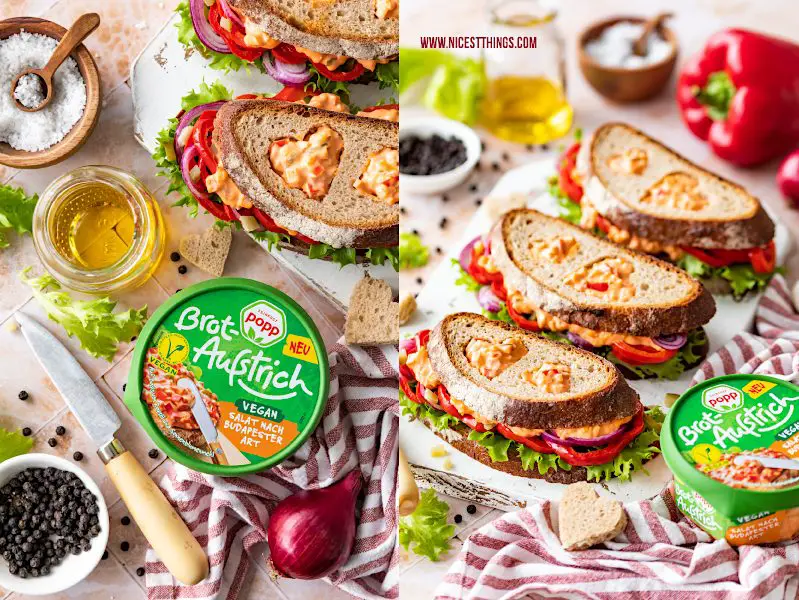 Herz-Sandwich vegan zum Valentinstag mit Paprika Cornichons Brotaufstrich Budapester Salat vegan von Popp Feinkost #herz #sandwich #stulle #brot #abendbrot #pausenbrot #vegan #veganerezepte #rezeptefürkinder #valentinstag #valentines #valentinstagsrezepte #herz #herzen #poppfeinkost #veganeraufstrich #budapestersalat
