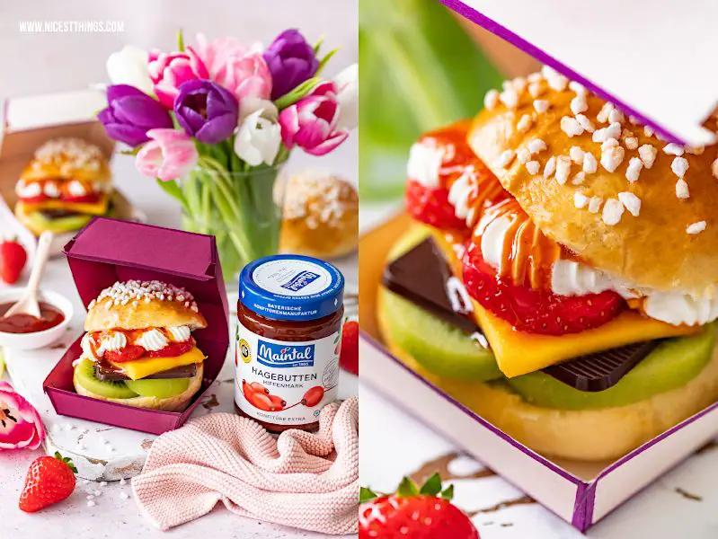 Maintal Hiffenmark Rezept: süße Burger mit Früchten und Schokolade zum Muttertag. Die Geschenkidee mit DIY Burger Box Vorlage zum Selbermachen