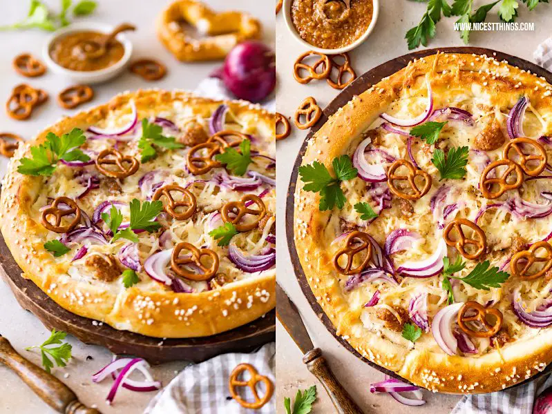 Brezel Pizza Brizza Rezept Laugenbrezel Pizza mit Schmand, Sauerkraut, suessem Senf, roten Zwiebeln #brizza #brezelpizza #brezel #pizza #bayerischepizza