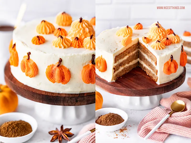 Pumpkin Spice Torte Rezept mit Frischkaese Creme Kuerbis Gewuerz Kuchen #pumpkinspice #torte #pumpkinspicecake #kuerbistorte #kuerbiskuchen #kuerbisrezepte #tortenrezepte