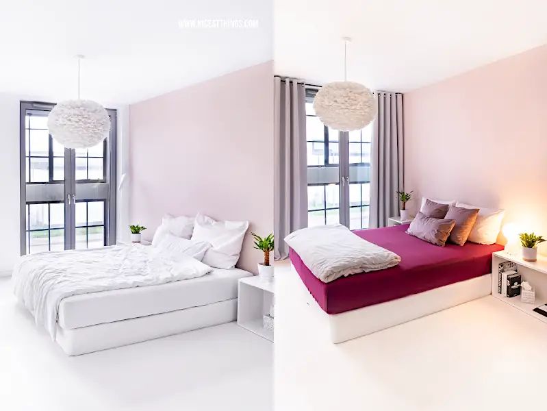 Schlafzimmer Umstyling vorher nachher Verdunkelungsvorhaenge fürs Schlafzimmer in Misty White von Schuette #verdunkelungsvorhaenge #schuette #vorhaenge #schlafzimmer #interior #loft #beforeafter #umstyling