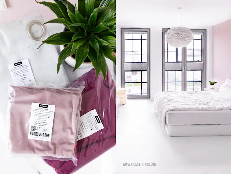 Schlafzimmer-Umstyling mit Spannbetttuch und Samt-Kissen von Schuette #spannbettuch #kissen #samt #samtkissen #velvet #schuette #vorhaenge #schlafzimmer #interior #loft