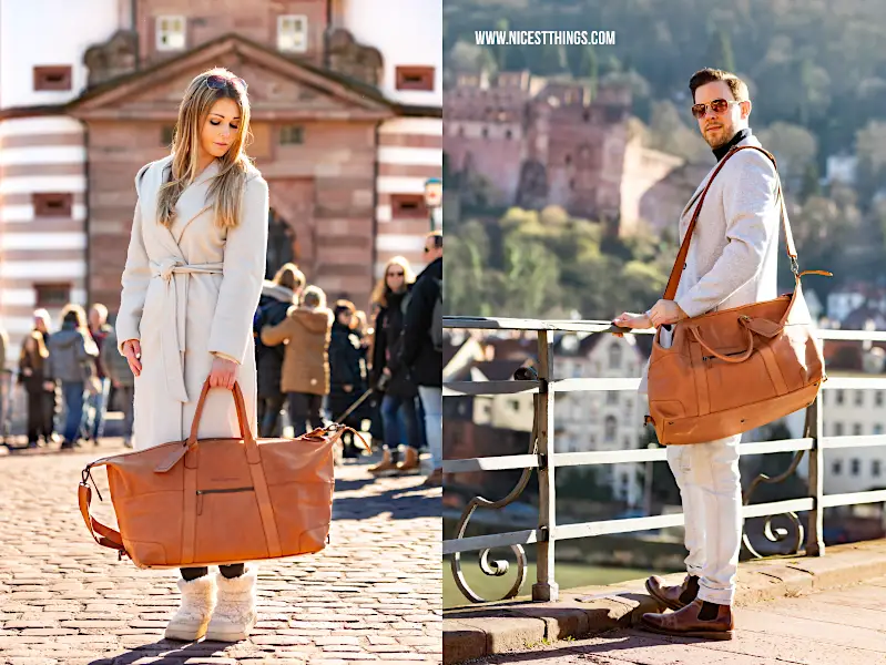 Leder-Reisetasche von Travelbags.de: The Chesterfield Brand Portsmouth Farbe Cognac City Trip Heidelberg Alte Brücke #leder #reisetasche #lederreisetasche #ledertasche #travelbags #thechesterfieldbrand #cognac #femalemodel #malemodel #citytrip #heidelberg