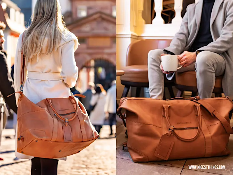 Leder-Reisetasche von Travelbags.de: The Chesterfield Brand Portsmouth Farbe Cognac City Trip Heidelberg Alte Brücke #leder #reisetasche #lederreisetasche #ledertasche #travelbags #thechesterfieldbrand #cognac #femalemodel #malemodel #citytrip #heidelberg