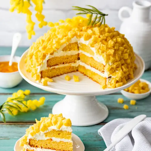 Torta Mimosa Rezept: italienische Torte mit Zitronen-Biskuit, Zitronencreme und Orangen-Marmelade von Maintal #tortamimosa #torte #zitronentorte #zitronenkuchen #orangenmarmelade #maintal #marmelade #konfitüre #biskuit #zitronenbiskuit #italienischetorte #dolci #weltfrauentag #mimosen