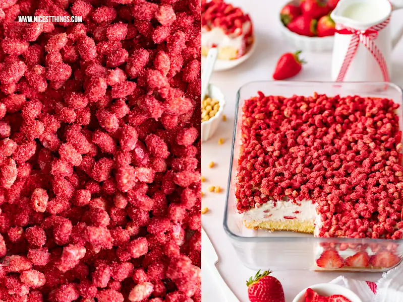 Lazy Cat Kuchen Rezept Der virale Food-Trend: Lazy Cat Kuchen von Ahmad Al Zamel! Hier eine Variante mit Erdbeeren und weißer Schokolade. Mega lecker mit vier Schichten aus Kuchen, Creme, Ganache und knusprigen Schoko-Haferpops! #lazycat #ahmadalzamel #foodtrend #viralfood #erdbeeren #weisseschokolade
