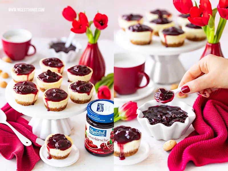 Mini Cheesecakes mit Kirschen: Rezept zum Muttertag mit Sauerkirsche Konfitüre extra von Maintal. Passend zum Cherry Vibes Trend! #cheesecake #minicheesecake #muttertag #maintal #kirschen #cherryvibes #konfitüre #backenmitmaintal #trendrezept