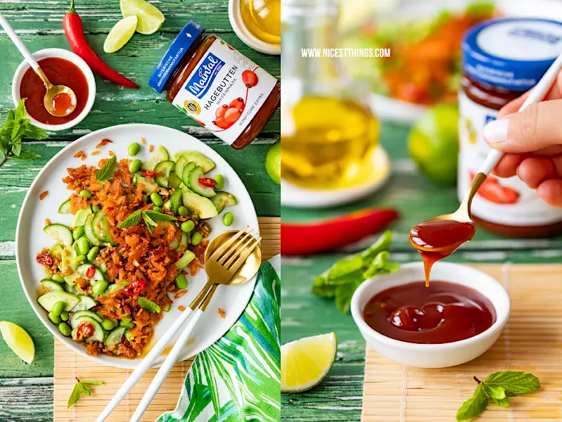 Crispy Reis Salat Rezept: Crispy Rice glasiert mit Maintal Hagebutten-Konfitüre, dazu Gurke, Avocado, Edamame und Chili #crispyricesalad #crispyrice #crispyreis #maintal #kochenmitmaintal #hagebuttenkonfituere #hiffenmark #trendrezept #vegan #veganerezepte