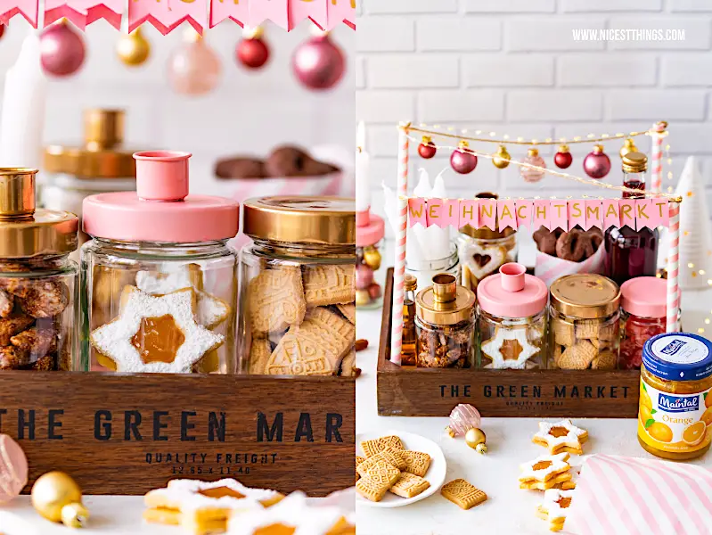 Weihnachtsmarkt to go basteln: Geschenkidee im Advent oder zu Weihnachten. Einfach selber machen aus Marmeladengläsern von Maintal und füllen mit gebrannten Mandeln, Spekulatius, Plätzchen, Glühwein, Bonbons, Kerzen und Kerzenhaltern aus Marmeladengläsern! #weihnachtsmarkttogo #weihnachtsgeschenk #geschenkidee #basteln #weihnachtsmarkt #selbermachen #kerzenhalter #maintal #marmeladengläser #plätzchen #maintalorange #orangenplätzchen #maintalkonfitüren