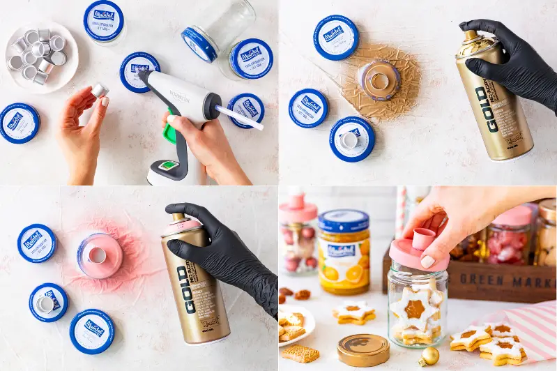 Kerzenhalter aus Marmeladengläsern basteln: Stabkerzenhalter, Heisskleber, Sprühfarbe und Marmeladengläser von Maintal