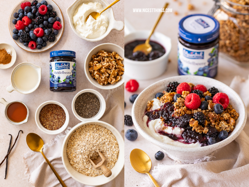 Granola-Rezept, reich an Omega-3-Fettsäuren und vegan, mit Skyr, frischen Beeren und Maintal Konfitüre Heidelbeere #granola #omega3 #veganesgranola #maintal #heidelbeerkonfituere