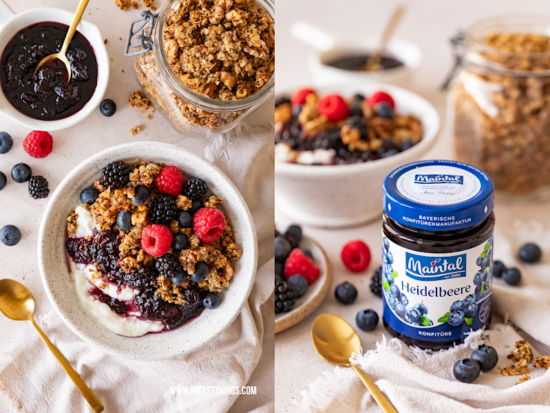 Granola-Rezept, reich an Omega-3-Fettsäuren und vegan, mit Skyr, frischen Beeren und Maintal Konfitüre Heidelbeere #granola #omega3 #veganesgranola #maintal #heidelbeerkonfituere