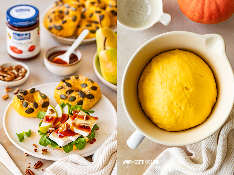 Kürbis Bagel Kürbisbagel herbstlicher Bagel Rezept mit Feldsalat, Birne, Brie, Pekannüssen und Maintal Hagebuttenmarmelade / Hiffenmark #kuerbisbagel #kuerbis #bagel #herbstbagel #maintal #hagebuttenkonfituere #hiffenmark